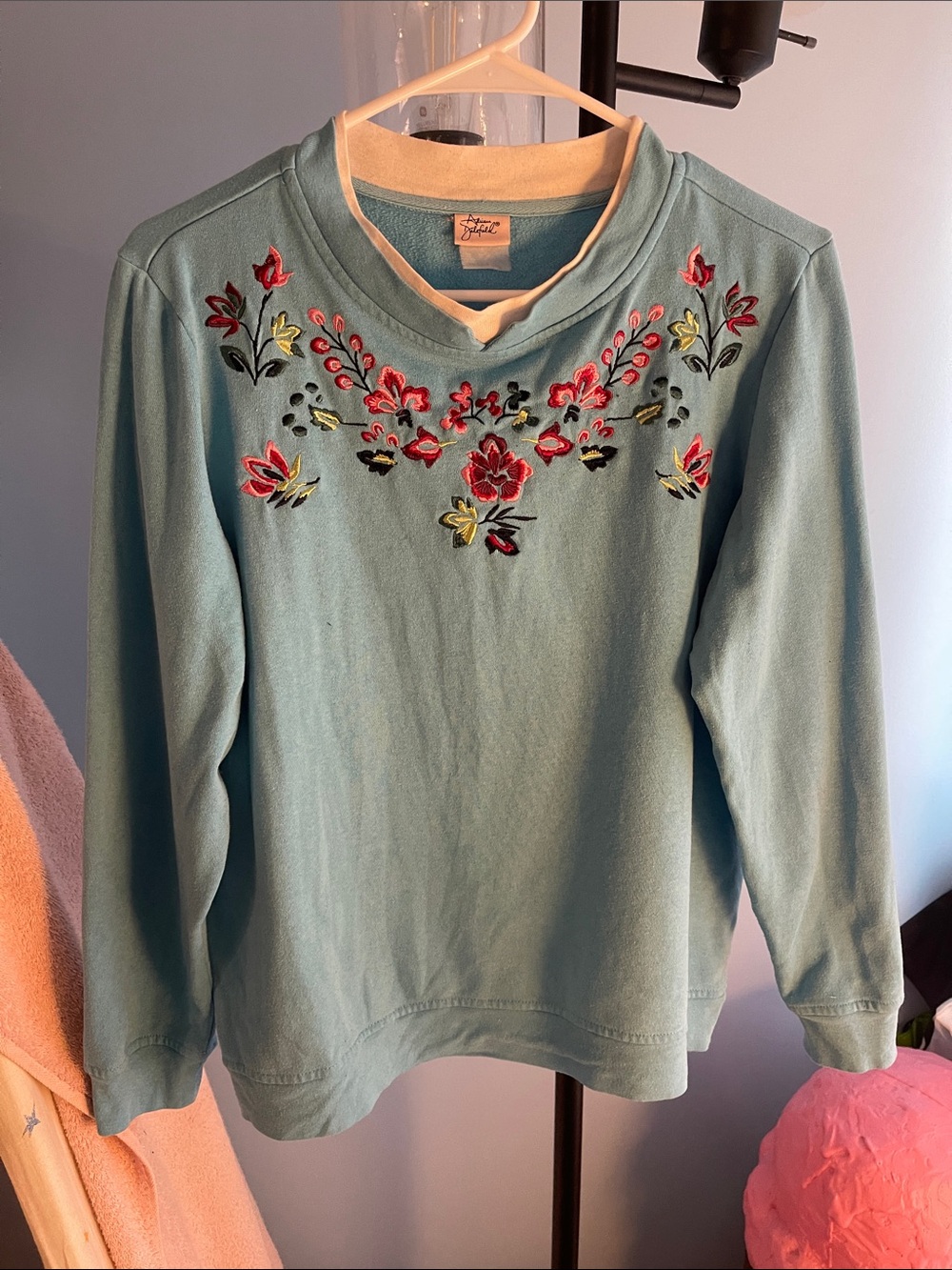 Embroidered Light Teal Crewneck Sweater